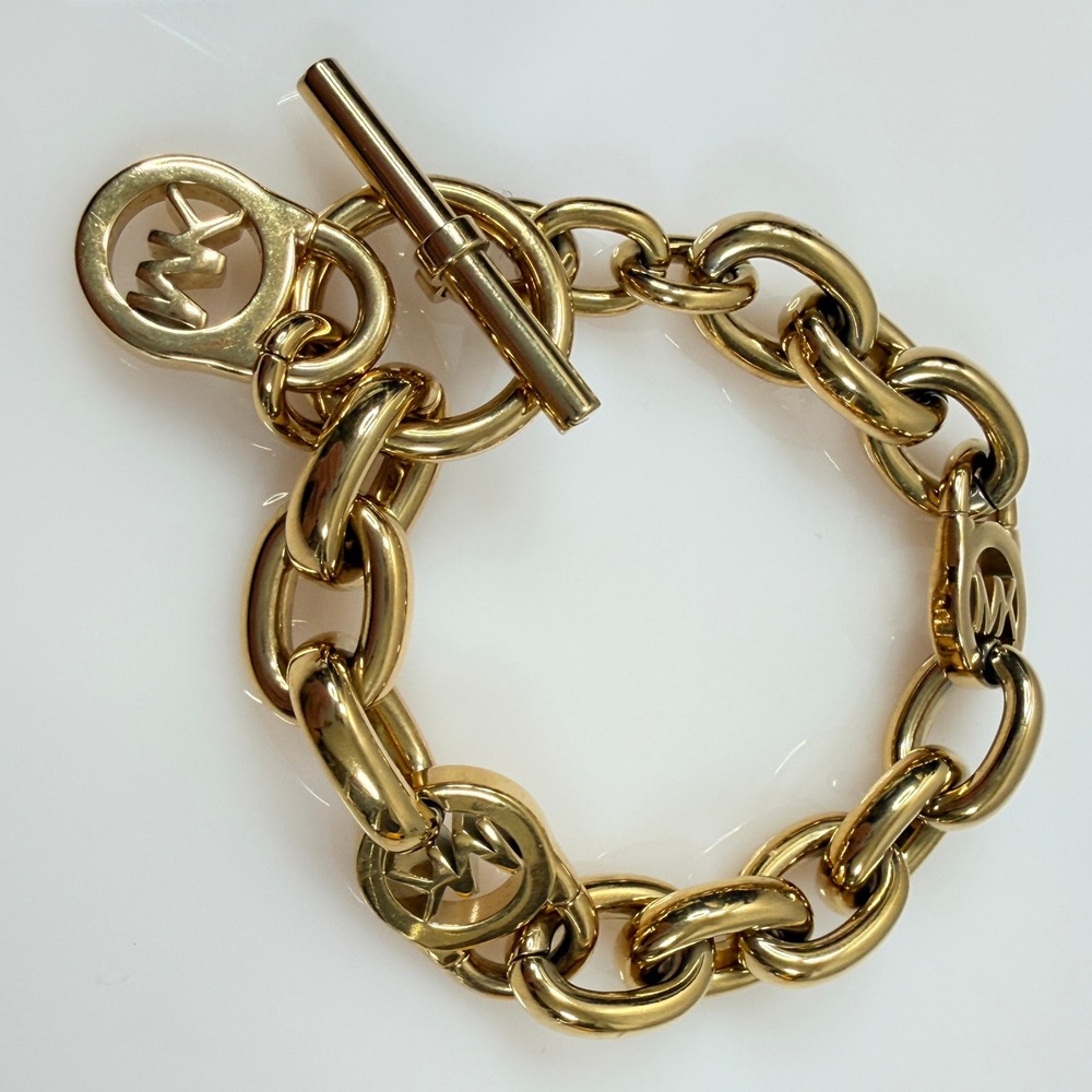 Michael Kors Gold Tone Chunky Chain Bracelet MK Logo Toggle Clasp 6.5"